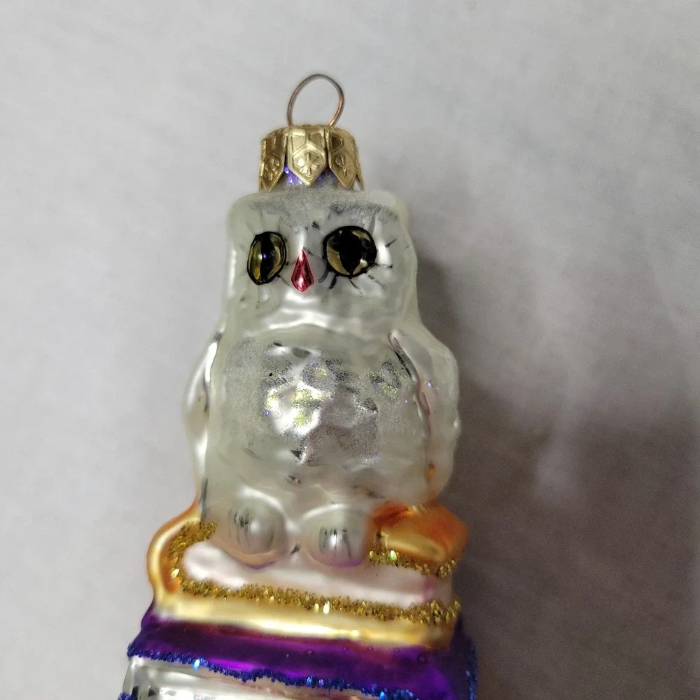 RADKO Hoo Dunnit Snowy Owl on Stack of Books Glass Christmas Ornament Glitter